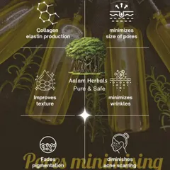 This infographic shows the power of my Pore Minimising Face Spray. It boosts collagen, improves texture, fades pigmentation, and diminishes acne scarring, all with the power of natural ingredients.