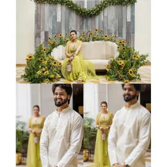 A collage showing the bride at her Mehendi and the groom's happy reaction, telling a small story of the day.