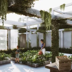 A rooftop farming area in the Pixel Housing project, providing residents with a space for organic gardening and community engagement. This is part of our vision for creating self-sustaining residential ecosystems.
