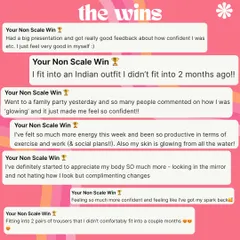 A collection of non-scale wins. Fitting into an old Indian outfit, getting compliments on their "glow," and feeling their spark come back. This is the real transformation.