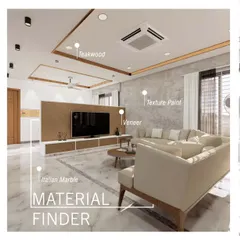 An annotated render of the same living room, pointing out the specific materials like veneer and Italian marble that will be used in the project.