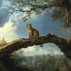 A cat guarding a bridge in the style of a Dutch Golden Age painting. We can create unique, digitally enhanced fine art pieces that imagine your pet in historical art styles.