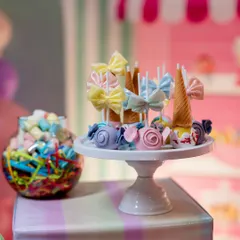 A close-up of the delightful dessert table, featuring custom sweets that are almost too pretty to eat.