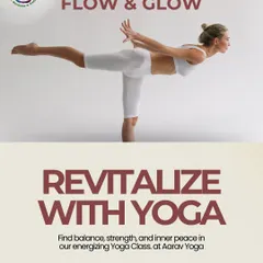 "Flow & Glow." This image of a practitioner in a strong Warrior III pose represents the energizing nature of our classes, helping you find balance, strength, and a revitalized spirit.