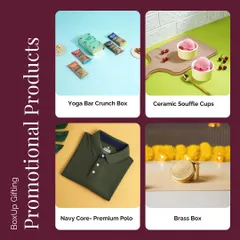 A look at some of our promotional products. This graphic displays a Yoga Bar Crunch Box, ceramic souffle cups, a premium polo t-shirt, and a brass box, all available for branding.