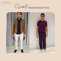 This before-and-after shows the power of color and fit. We moved from a bulky, ill-fitting jacket to a simple, well-fitted t-shirt and trouser combination in a rich plum tone that complements his skin tone, creating a sleek monochromatic look.
