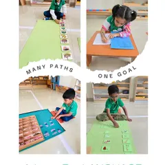There are many paths to literacy in a Montessori classroom. This collage shows children engaged in different language activities, from word building to tracing, each working at their own pace to build a lifelong love for language.