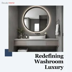 This image represents my philosophy for washroom design: redefining luxury with clean lines, high-quality materials, and spa-like features such as this backlit round mirror and floating vanity.