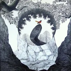This pen and ink drawing by Umakant Kanade, titled "Nature," is a beautifully poetic and reflective scene. The intricate detail in the trees and rocks contrasts with the simple form of the bird, creating a moment of perfect balance.