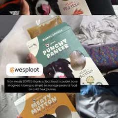 Train meals are sorted thanks to our easy-to-carry packs. This dog parent packed a variety of our meals, including Punchy Paneer and Meaty Mutton, for a 40-hour journey.
