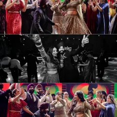 A collage of high-energy dance moments from Simranjeet and Bimaljeet's Sangeet, filled with laughter and celebration.