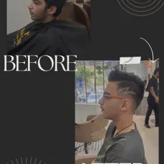 A creative men's haircut featuring a custom lightning bolt design. This before and after shows how I can take a standard cut and add a bold, personalized touch.