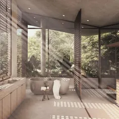 This bathroom in the House of Veils is a study in filtered light and texture. Perforated screens create a dramatic play of sun and shadow, while the open layout connects the bathing and dressing areas to the lush green outdoors.