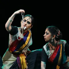 A close-up from 'Ikshana' depicting a moment of narrative tension. My choreography focuses on using detailed abhinaya and character interaction to convey complex emotional arcs within the larger theme of environmental consciousness.
