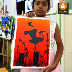 A beautiful silhouette painting by one of our younger students. This project teaches about contrast, color blending, and composition.