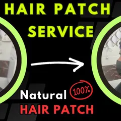 Our hair patch service provides a 100% natural result. This before and after shot shows the journey from visible hair loss to a full head of hair, complete with a modern style.