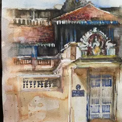 Inspired by a trip to Karaikudi, this watercolor illustrates a beautiful Chettinad house. The intricate architecture and palatial designs of this region tell so many stories.