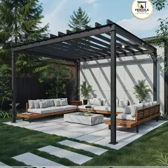 A minimalist rafter pergola defines this chic outdoor lounge. The simple black metal frame complements the natural wood furniture and green surroundings, creating a serene and contemporary space for relaxation.