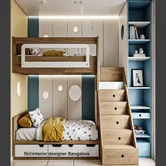 A compact and clever kids' room design with a bunk bed. The stairs double as storage drawers, and the unit includes a built-in bookshelf, making it a perfect space-saving solution for shared rooms.