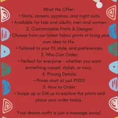 Here are all the details for creating your own custom Christmas outfit with us. I can make shirts, pajamas, and night suits for the whole family, starting at just ₹1100. Your dream holiday outfit is just a message away.