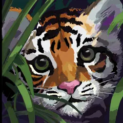 This is a stylized digital painting of a little tiger cub. I used bold colors and simple shapes to give it a playful, storybook feel.