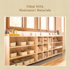 Our classrooms are filled with carefully selected Montessori materials. These low, open shelves allow children to independently choose their work, fostering a sense of ownership and responsibility.