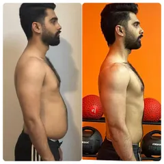 The side profile shows the real story of fat loss. Notice the change in his posture and the reduction of visceral fat around the midsection.