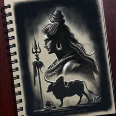 A charcoal sketch of Lord Shiva with his Trishula and Nandi. The high-contrast black and white style emphasizes the iconic silhouette and divine aura of Mahadev.