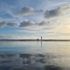 A serene beach moment where the world is turned upside down. The glassy reflection on the sand creates a stunning, symmetrical image.