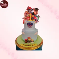 This two-tiered PAW Patrol cake is ready for action. It's decorated with the brave pups from the popular show, making it an exciting centerpiece for a young hero's birthday party.
