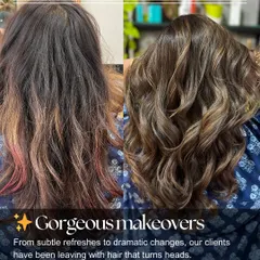A gorgeous makeover in a single frame. This before-and-after shows a transformation from faded color to a rich, dimensional brunette with healthy, styled waves.