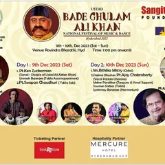 The announcement for the Ustad Bade Ghulam Ali Khan festival in Hyderabad, where I accompanied Ken Zuckerman ji.