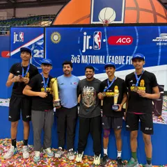 The whole squad celebrating their win at the Jr. NBA 3x3 National League Finals. We train as a team, we win as a team. This is the #ballinfam way.
