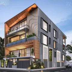 This residential project features a facade with offset window frames, creating a playful, unconventional pattern on the gray paneled wall. This is contrasted with a section of wood cladding and open balconies.