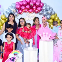I am experienced in taking photos of larger groups at family functions. Here, all the guests gather for a picture with the birthday girl, and I make sure to get a clear shot where everyone is visible.