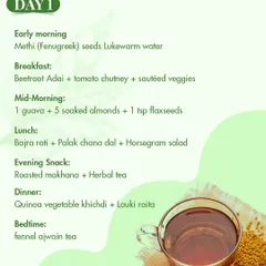 Day 1 of my diabetes-friendly diet plan starts with fenugreek water to aid glucose regulation. The day includes balanced meals like beetroot adai, bajra roti with palak chana dal, and a light quinoa khichdi for dinner.