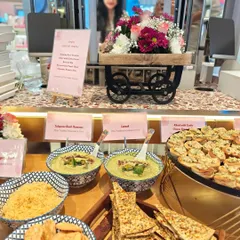 A glimpse of a recent catering event I did for Tira Beauty. This setup features a variety of my popular appetizers, including Jalapeno Hummus and Khari with Exotic Cheese Broccoli Dip, all beautifully presented to match the event's vibe.