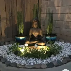 A peaceful Buddha-themed garden I designed for a client's corner space. The use of uplighting, white pebbles, and tall, slender plants creates a serene atmosphere, especially at night.