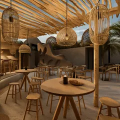 For the 6th Empirica rooftop cafe, I wanted to create a wanderlust-filled escape. The ceiling, crafted from woven bamboo and natural wood branches, creates a canopy that feels both organic and dramatic. This design transports you, making every moment feel special.