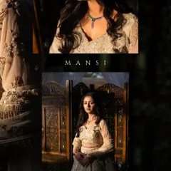 A collage of the bride-to-be, Mansi, showcasing her elegant poses and the beautiful details of her engagement outfit and jewelry.
