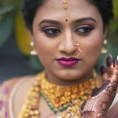 A detailed shot focusing on the eye makeup and flawless skin finish for bride Pooja. The defined liner and soft eyeshadow make her eyes stand out beautifully.