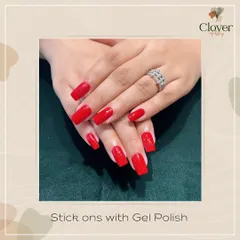 This look was created with our gel-based adhesive stick-ons. They give a result as good as extensions, are long-lasting, and don't cause damage to your natural nail bed upon removal.