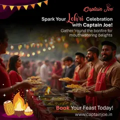 Spark your Lohri celebration with mouthwatering delights. This image captures the essence of a Lohri night, with guests gathering around a bonfire and enjoying a warm, festive buffet that I can provide for your event.