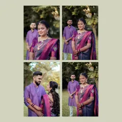 A beautiful collage of outdoor engagement portraits, with the couple dressed in matching shades of purple, capturing both posed and candid moments.