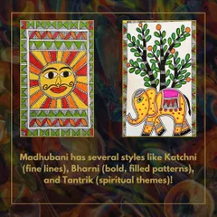 Madhubani art has several styles, including Katchni (fine lines) and Bharni (bold, filled patterns). This image shows examples of both.