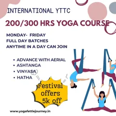 Don't miss our festival offer. Get 5,000 rupees off our 200 and 300-hour International YTTC. We offer flexible, full-day batches from Monday to Friday, covering Advanced Aerial, Ashtanga, Vinyasa, and Hatha yoga.