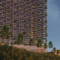 Our "Villas in the Sky" concept includes extensive amenities, like a two-acre park on the 40th floor. This rendering shows the lush, layered facade, where every balcony is a garden, creating a green and sustainable model for high-density urban living.