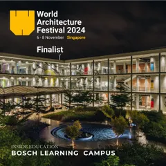 The award-winning Bosch Learning Campus in Bangalore, illuminated at night. The design integrates learning spaces with serene courtyards and water features, reflecting our philosophy of creating environments that foster community and connect with nature.