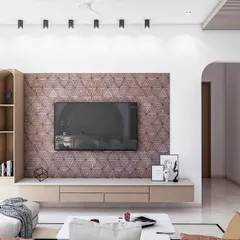 For this TV unit design, I used a veneer panel with a geometric pattern to create a textured and artistic feature wall. The floating console and asymmetrical shelving add a modern, minimalist touch to this beautiful and functional piece.
