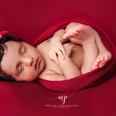 The classic 'tucked-in' pose, with the baby wrapped cozily in red fabric. This pose is perfect for showing off their tiny, curled-up form and is a favorite among parents.